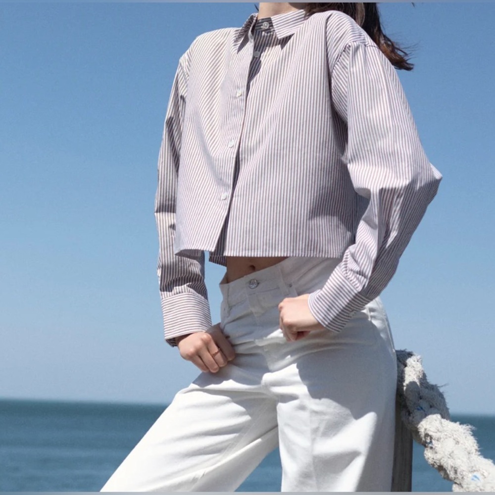 SOLD OUT NYC OVERSIZED THE CROPPED EVERYTHING SHIRT IN TRUFFLE MICRO STRIPE XS - Picture 2 of 10